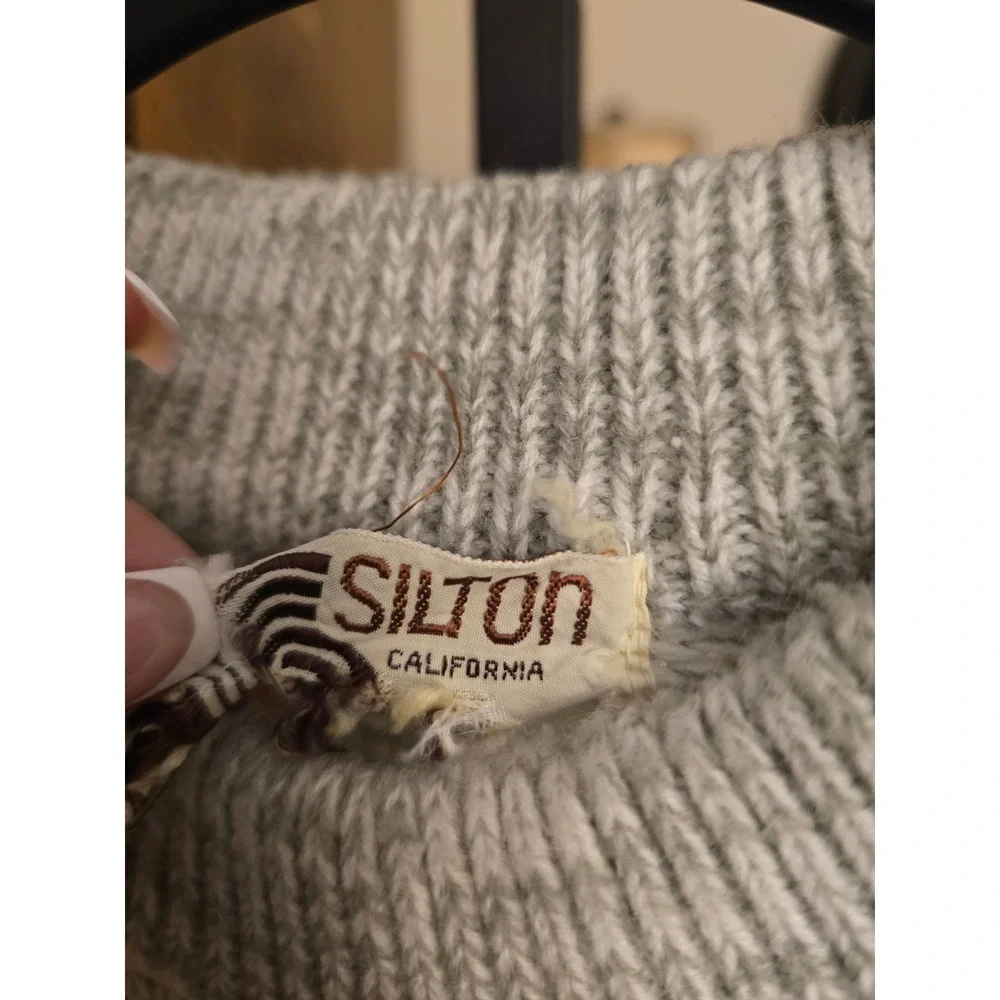 Silton California Mens Vintage Fair Isle Knit Sweater Crew Neck Gray Geometric